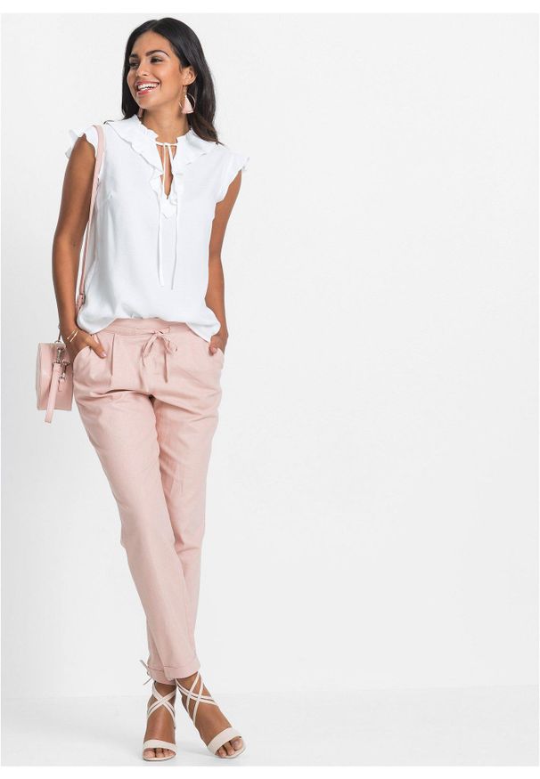 bonprix - Spodnie lniane. Kolor: różowy. Materiał: len. Sezon: lato
