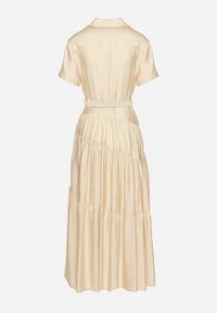 Born2be - Beżowa Sukienka Koszulowa o Rozkloszowanym Kroju z Paskiem w Talii Vimorise. Typ kołnierza: dekolt w kształcie V. Kolor: beżowy. Typ sukienki: koszulowe. Styl: elegancki #3