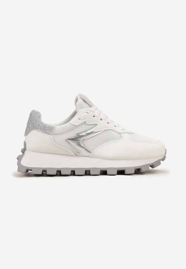 Born2be - Białe Sneakersy na Grubej Podeszwie z Siateczką i Brokatem Sufisa. Nosek buta: okrągły. Zapięcie: sznurówki. Kolor: biały. Materiał: materiał. Obcas: na obcasie. Wysokość obcasa: niski