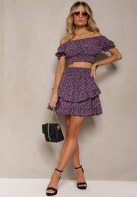 Renee - Granatowy Komplet w Kwiaty 2-Częściowy Top w Stylu Hiszpanki i Spódnica z Falbanką Crispa. Kolor: niebieski. Materiał: materiał. Wzór: kwiaty