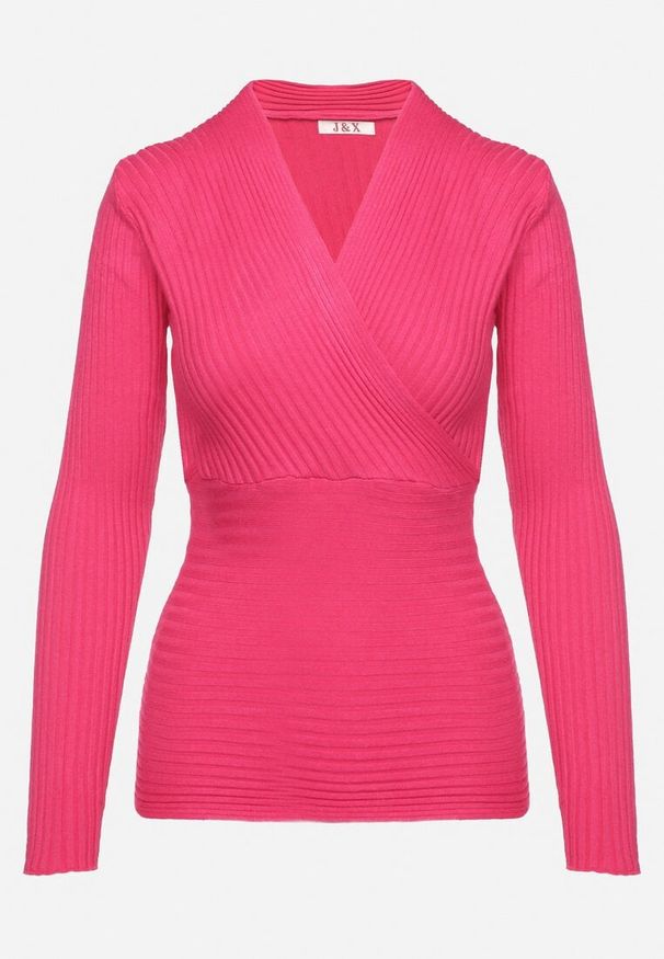 Born2be - Fuksjowy Dopasowany Sweter w Prążki z Kopertowym Dekoltem Masasani. Kolor: różowy. Materiał: bawełna. Wzór: prążki