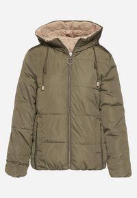 Born2be - Ciemnozielona Dwustronna Pikowana Kurtka z Kapturem Ściągana przy Rękawach Nevelas. Okazja: na co dzień, na spacer. Typ kołnierza: kaptur. Kolor: zielony. Materiał: jeans. Wzór: aplikacja. Styl: sportowy, casual, elegancki #5