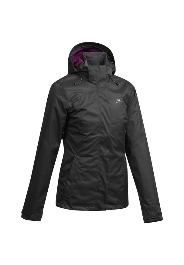 quechua - Kurtka turystyczna damska Quechua MH100 wodoodporna. Kolor: czarny, wielokolorowy, fioletowy. Materiał: materiał