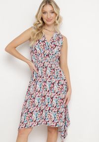 Born2be - Bordowo-Niebieska Bawełniana Sukienka Kopertowa o Rozkloszowanym Kroju w Kwiatowy Print Brosa. Kolor: beżowy. Materiał: bawełna. Wzór: kwiaty, nadruk. Typ sukienki: kopertowe #5