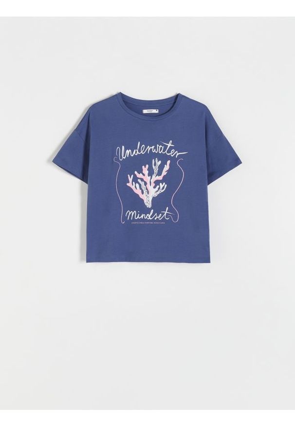 Reserved - T-shirt boxy - niebieski. Kolor: niebieski. Materiał: bawełna, dzianina