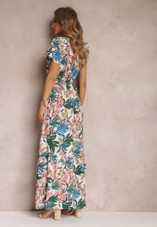 Renee - Biało-Zielona Sukienka z Wiskozy Maxi w Kwiaty Mahiza. Typ kołnierza: dekolt kopertowy. Kolor: biały. Materiał: wiskoza. Długość rękawa: krótki rękaw. Wzór: kwiaty. Typ sukienki: kopertowe. Długość: maxi