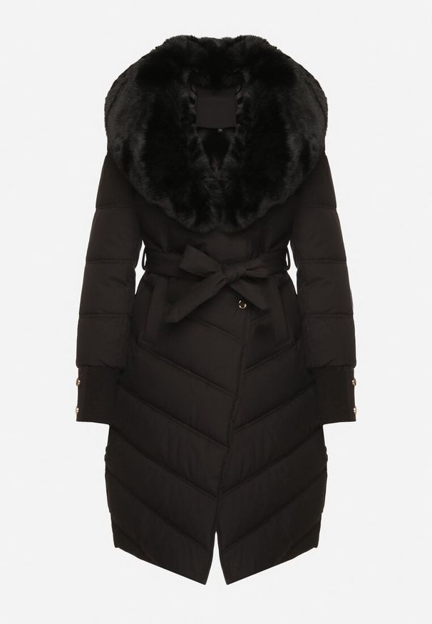 Born2be - Czarna Elegancka Kurtka z Pikowanymi Przeszyciami i Futrzanym Kołnierzem Gallea. Okazja: na spacer, na co dzień. Kolor: czarny. Materiał: futro. Sezon: zima. Styl: elegancki