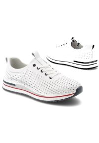 Półbuty damskie S.Barski, sportowe ze skóry naturalnej perforowana cholewka sznurowane lekka amortyzująca podeszwa, białe, LR61-7072. Okazja: na co dzień. Zapięcie: sznurówki. Kolor: biały. Materiał: skóra. Szerokość cholewki: normalna #4