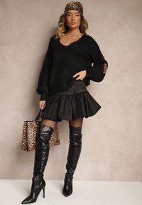 Renee - Czarna Spódnica Rozkloszowana Ozdobiona Falbanką i Jeansową Wstawką Norienna. Okazja: na co dzień. Kolor: czarny. Materiał: jeans. Wzór: aplikacja. Styl: elegancki, casual #4