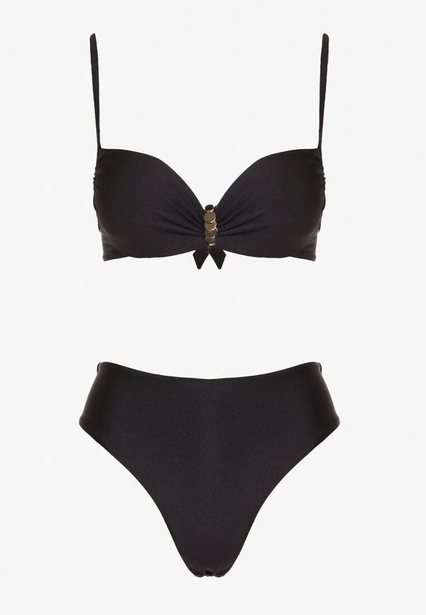 Renee - Czarne Bikini Majtki Figi i Biustonosz z Metaliczną Ozdobą Kinalenna. Kolor: czarny. Wzór: aplikacja
