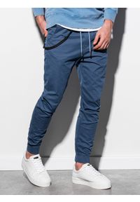 Ombre Clothing - Spodnie męskie materiałowe JOGGERY z ozdobnym sznurkiem - niebieskie V10 P908 - XXL. Kolor: niebieski. Materiał: materiał