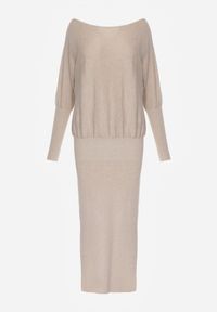Born2be - Beżowa Dzianinowa Sukienka z Wiskozą o Nietoperzowym Kroju z Dekoltem w Łódkę Tisan. Okazja: na co dzień, na spotkanie biznesowe. Typ kołnierza: dekolt w łódkę. Kolor: beżowy. Materiał: dzianina, wiskoza. Styl: casual, biznesowy #2