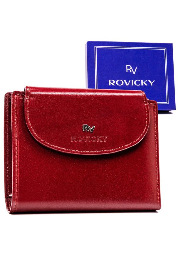 ROVICKY - Portfel skórzany Rovicky RV-70614-9-BCA czerwony. Kolor: czerwony. Materiał: skóra. Wzór: napisy, aplikacja, gładki
