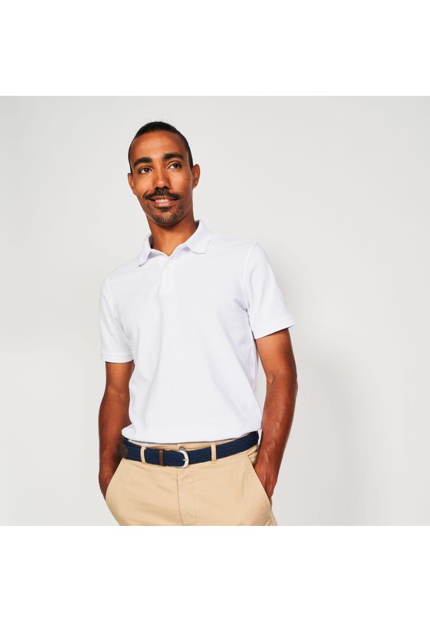 INESIS - Koszulka polo do golfa z krótkim rękawem męska Inesis MW500. Typ kołnierza: golf, polo. Kolor: biały. Materiał: bawełna, poliester, materiał. Długość rękawa: krótki rękaw. Długość: krótkie. Wzór: ze splotem. Styl: klasyczny, sportowy