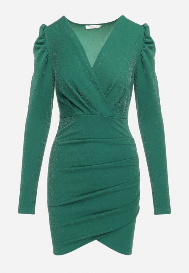 Born2be - Zielona Dopasowana Sukienka Kopertowa Mini z Metaliczną Nitką Noires. Typ kołnierza: dekolt kopertowy. Kolor: zielony. Materiał: tkanina. Długość rękawa: długi rękaw. Typ sukienki: kopertowe. Długość: mini