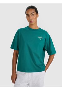 4f - 4F T-shirt oversize z nadrukiem damski - turkusowy XXL. Okazja: na co dzień. Kolor: turkusowy. Materiał: materiał, bawełna, jersey, dzianina. Długość rękawa: krótki rękaw. Długość: krótkie. Wzór: nadruk. Styl: sportowy, klasyczny, casual