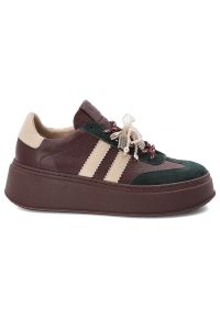 CheBello - Bordowe Sneakersy Chebello Stylowe Obuwie Damskie. Zapięcie: sznurówki. Kolor: czerwony. Materiał: jeans, zamsz, skóra. Obcas: na platformie. Styl: elegancki #7