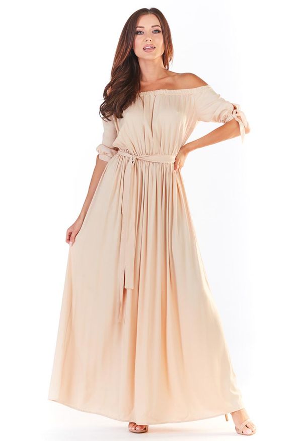 Awama - Beżowa Długa Sukienka z Hiszpańskim Dekoltem. Kolor: beżowy. Materiał: elastan, wiskoza. Długość: maxi