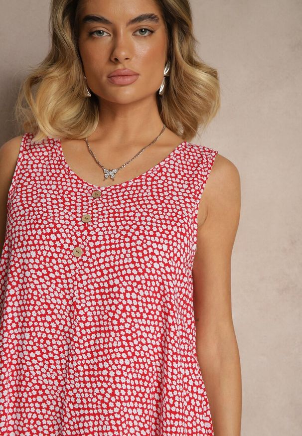 Renee - Czerwona Sukienka Rozkloszowana z Bawełny z Guzikami i Kwiatami Lisariela. Okazja: na co dzień. Kolor: czerwony. Materiał: bawełna. Wzór: kwiaty. Typ sukienki: proste. Styl: klasyczny, casual, elegancki