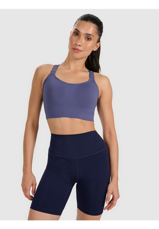 4f - 4F Biustonosz treningowy z wysokim wsparciem - granatowy L. Kolor: niebieski. Materiał: elastan, włókno, syntetyk, materiał, guma. Wzór: gładki, ze splotem. Sport: fitness, bieganie