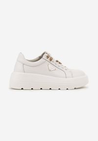 Born2be - Białe Sneakersy na Grubej Podeszwie ze Skóry Naturalnej z Trójkątną Ozdobą Dollassea. Okazja: na co dzień. Kolor: biały. Materiał: skóra. Wzór: aplikacja #6