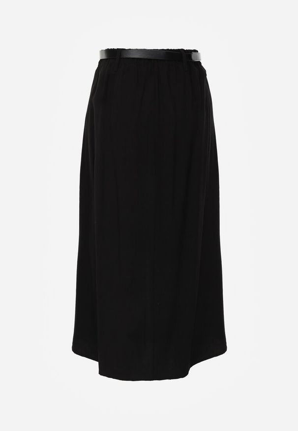 Renee - Czarna Rozkloszowana Spódnica z Wiskozy Zdobiona Rozcięciem i Paskiem Urilia. Kolor: czarny. Materiał: wiskoza. Wzór: aplikacja. Styl: elegancki