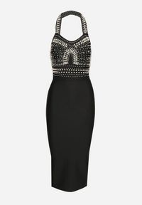 Born2be - Czarna Dopasowana Sukienka z Wiskozą z Dekoltem Halter i Rozcięciem Zdobiona Perłami Sanithiel. Okazja: na imprezę. Typ kołnierza: dekolt halter. Kolor: czarny. Materiał: wiskoza. Wzór: aplikacja #5