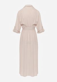 Renee - Beżowa Koszulowa Sukienka z Bawełny z Wiązanym Paskiem i Podpinanymi Rękawami Cesela. Okazja: na co dzień. Kolor: beżowy. Materiał: bawełna. Typ sukienki: koszulowe. Styl: boho, casual #8