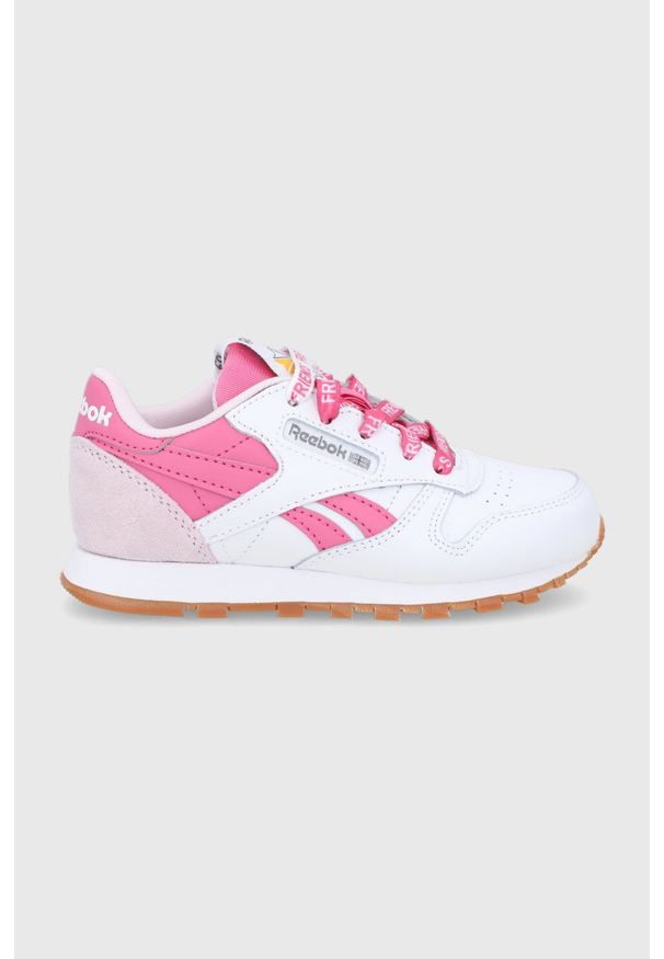Reebok Classic Buty dziecięce kolor biały. Nosek buta: okrągły. Zapięcie: sznurówki. Kolor: biały. Szerokość cholewki: normalna. Model: Reebok Classic