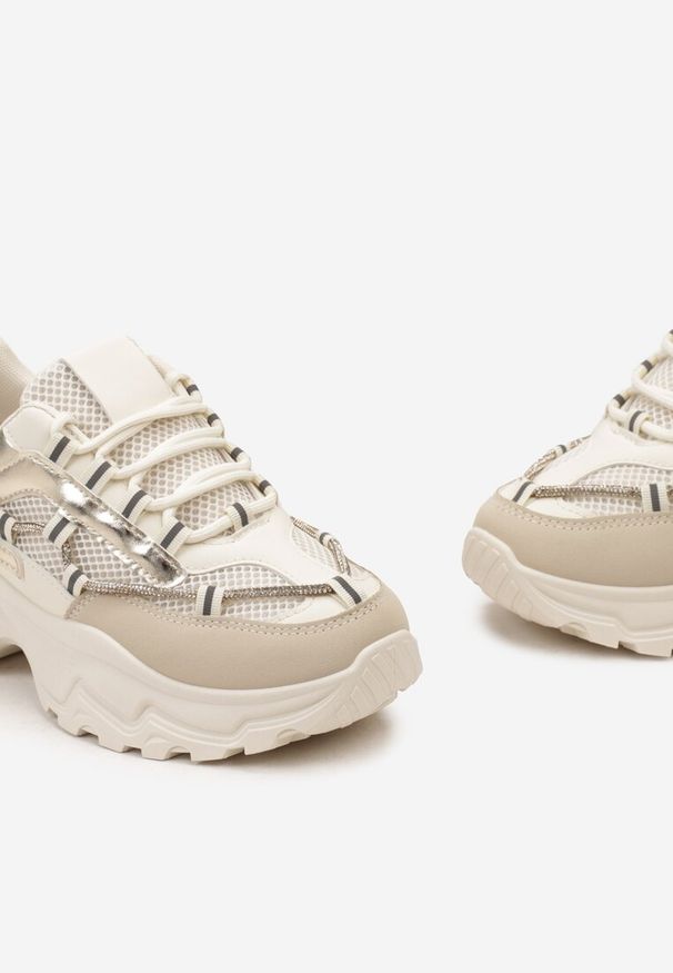 Renee - Beżowe Sneakersy z Metalicznymi Wstawkami na Niskiej Platformie z Ozdobnym Sznurkiem Oiriema. Zapięcie: pasek. Kolor: beżowy. Obcas: na platformie