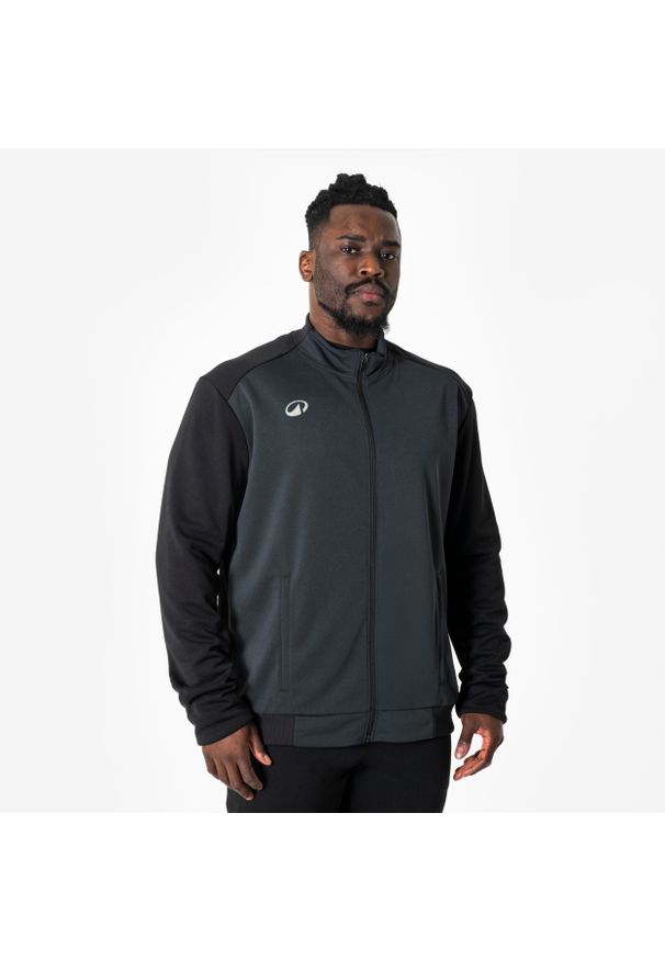 KIPSTA - Bluza piłkarska Kipsta Essential treningowa. Typ kołnierza: komin. Kolor: wielokolorowy, czarny, szary. Materiał: tkanina, elastan, prążkowany, materiał, poliester. Sport: piłka nożna