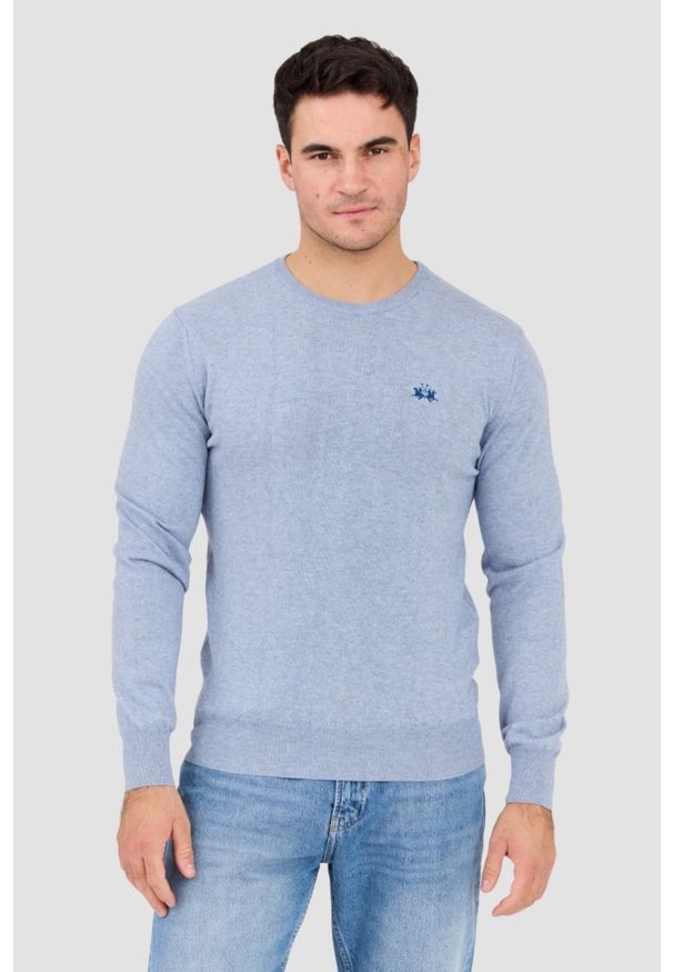 La Martina - LA MARTINA Błękitny sweter męski BASIC COTTON WOOL, Rozmiar M. Kolor: niebieski. Materiał: materiał, wełna, bawełna. Styl: klasyczny