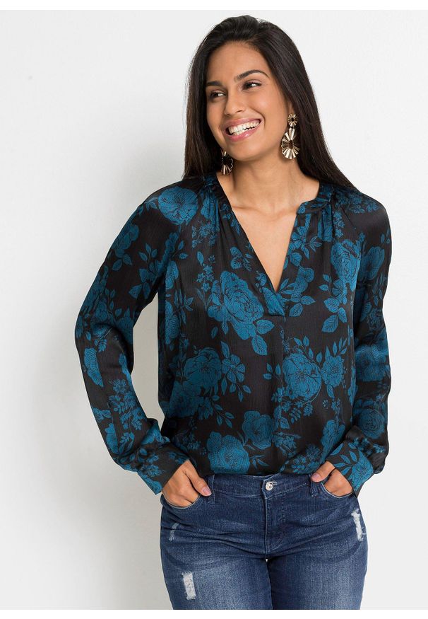 bonprix - Bluzka tunikowa z lekkiej krepy. Kolor: czarny. Wzór: nadruk