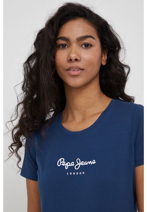 Pepe Jeans t-shirt NEW VIRGINIA SS N damski kolor granatowy. Okazja: na co dzień. Kolor: niebieski. Materiał: dzianina, włókno. Wzór: nadruk. Styl: casual