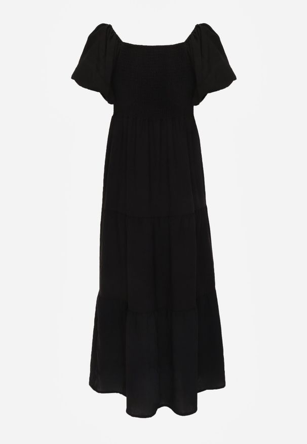 Born2be - Czarna Wiskozowa Sukienka z Bufiastymi Rękawami i Marszczoną Górą Liones. Okazja: na co dzień. Kolor: czarny. Materiał: wiskoza. Długość rękawa: krótki rękaw. Sezon: lato. Typ sukienki: proste. Styl: wakacyjny, casual