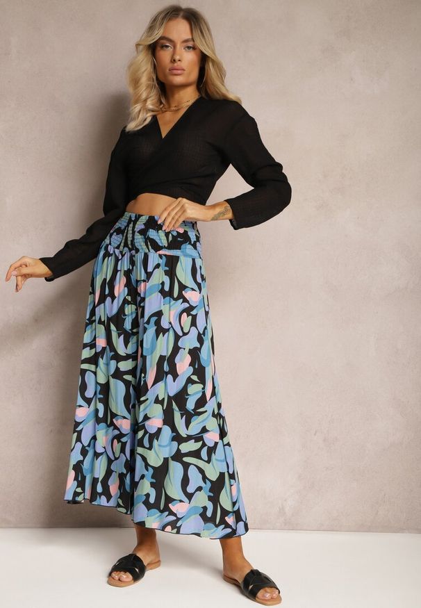 Renee - Czarno-Niebieskie Spodnie z Wiskozy High Waist z Gumką w Pasie Alaqinta. Okazja: na co dzień. Stan: podwyższony. Kolor: czarny. Materiał: wiskoza. Styl: elegancki, casual