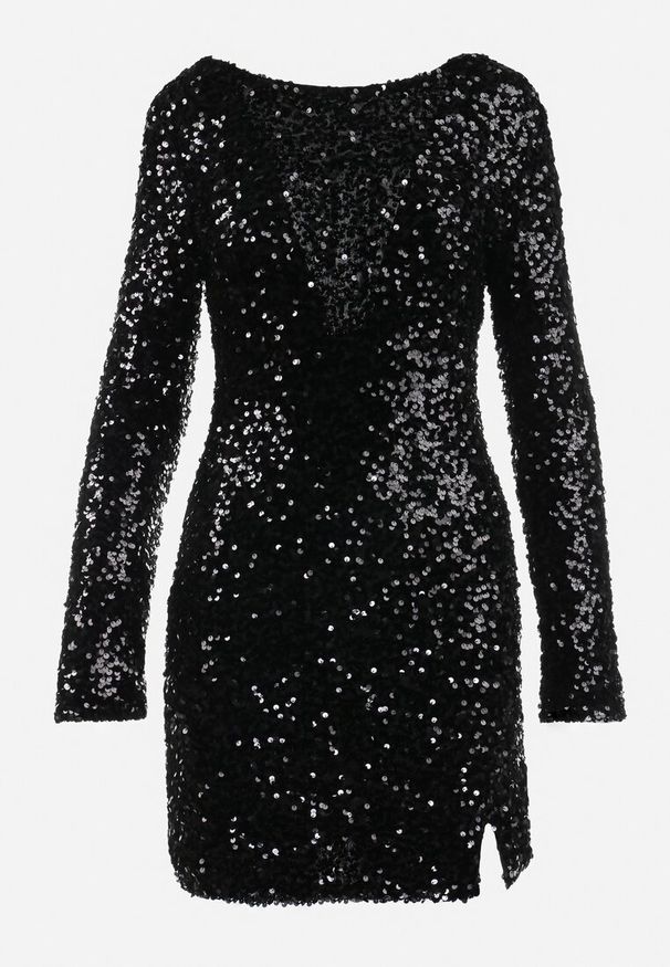 Born2be - Czarna Dopasowana Mini Sukienka z Wycięciem na Plecach Ozdobiona Cekinami Akorra. Kolor: czarny. Wzór: aplikacja. Długość: mini