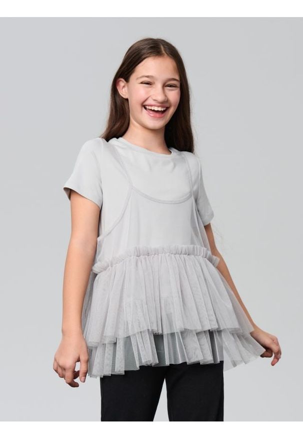 Sinsay - Dwuwarstwowa koszulka z tiulem - szary. Kolor: szary. Materiał: tiul