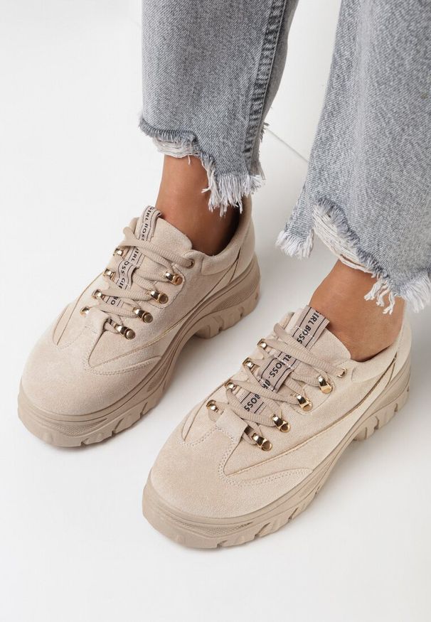 Born2be - Beżowe Sneakersy Merellien. Wysokość cholewki: przed kostkę. Kolor: beżowy. Szerokość cholewki: normalna. Wzór: aplikacja