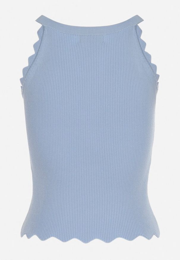 Born2be - Niebieski Klasyczny Top z Prążkowanego Materiału z Wiskozą i Ozdobnym Wykończeniem Grunvia. Okazja: na co dzień, do pracy. Kolor: niebieski. Materiał: materiał, prążkowany, wiskoza. Sezon: lato. Styl: klasyczny