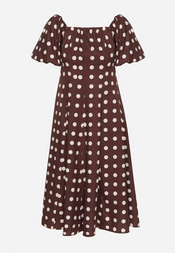 Born2be - Brązowa Rozkloszowana Sukienka Vices w Grochy z Dekoltem Typu Hiszpanka Zimina. Okazja: na co dzień. Typ kołnierza: dekolt hiszpanka. Kolor: brązowy. Materiał: materiał, skóra. Wzór: grochy. Typ sukienki: proste. Styl: casual, klasyczny