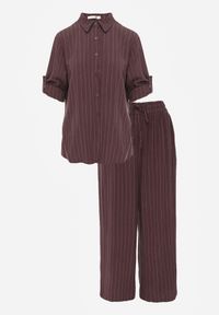 Renee - Brązowy Komplet z Wiskozy i Lnu w Delikatne Prążki Koszula i Spodnie Wide Leg Cliffesa. Kolor: brązowy. Materiał: wiskoza, len. Wzór: prążki #8