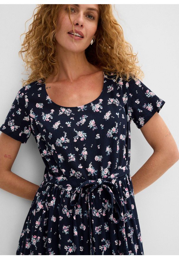 bonprix - Sukienka z czystej bawełny. Kolor: niebieski. Materiał: bawełna. Długość rękawa: krótki rękaw. Wzór: nadruk. Sezon: lato. Długość: maxi