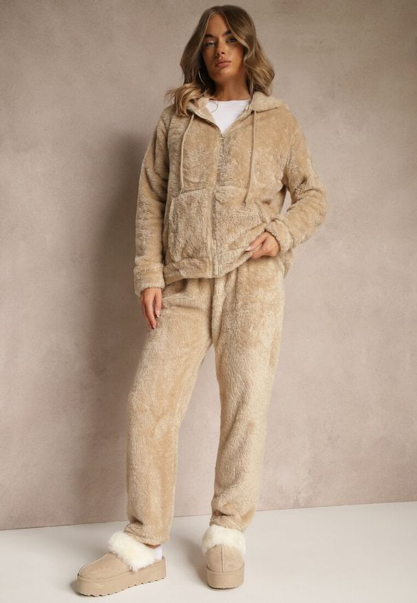 Renee - Beżowy Futerkowy Komplet Dresowy Bluza na Suwak z Kapturem i Spodnie Anatilea. Kolor: beżowy. Materiał: dresówka