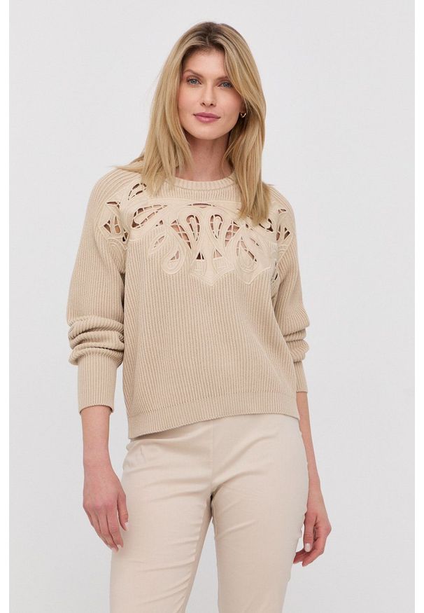 TwinSet - Twinset sweter damski kolor beżowy lekki. Kolor: beżowy. Materiał: materiał, dzianina. Długość rękawa: długi rękaw. Długość: długie. Wzór: haft