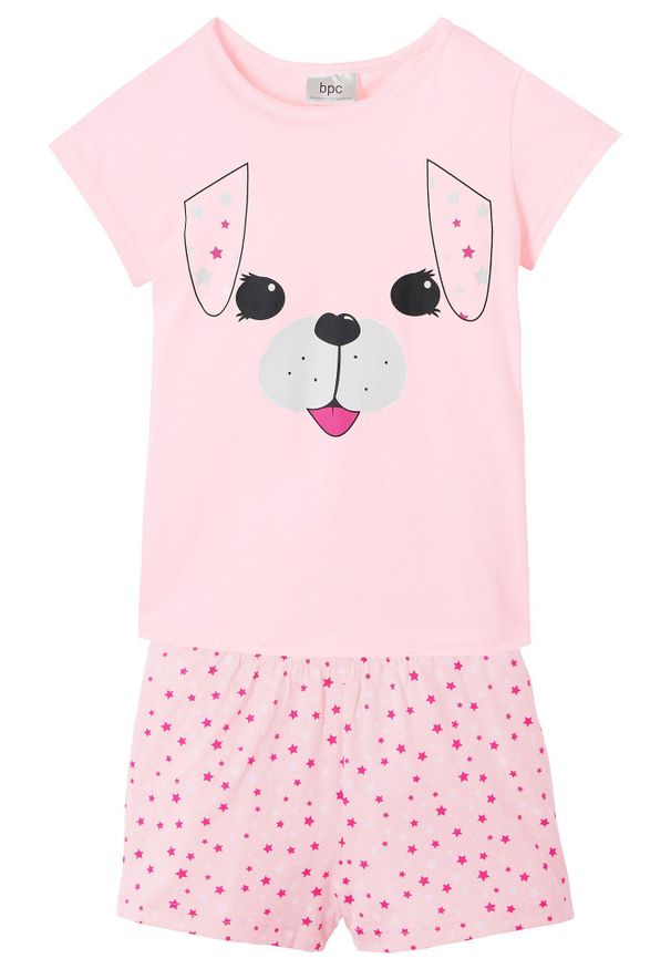 bonprix - Bawełniana piżama z krótkimi spodniami (2 cz.). Kolor: różowy. Materiał: bawełna. Długość: krótkie. Wzór: nadruk, aplikacja