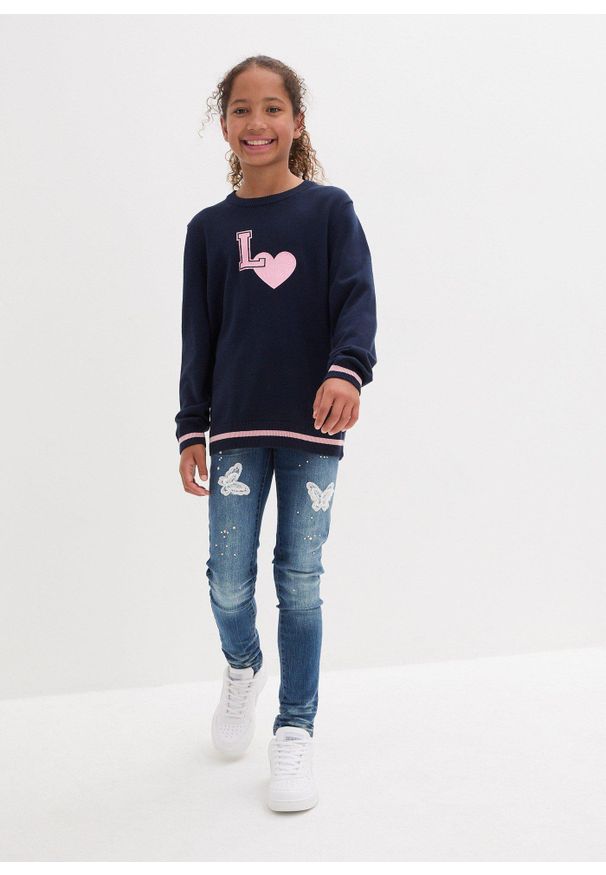 bonprix - Sweter z dzianiny o gładkim splocie drobnych oczek. Kolor: niebieski. Materiał: dzianina. Wzór: nadruk, gładki, ze splotem