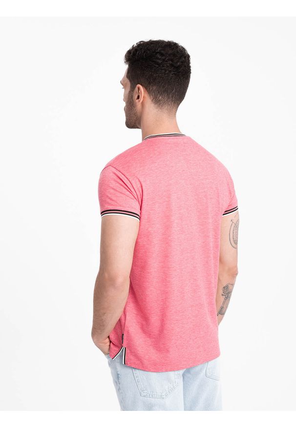 Ombre Clothing - T-shirt męski henley z ozdobnymi ściągaczami - czerwony V1 OM-TSCT-0175 - XXL. Okazja: na co dzień. Typ kołnierza: typu henley. Kolor: czerwony. Materiał: żakard, jedwab, elastan, wiskoza, materiał, poliester. Wzór: aplikacja, paski, kolorowy. Styl: klasyczny, casual