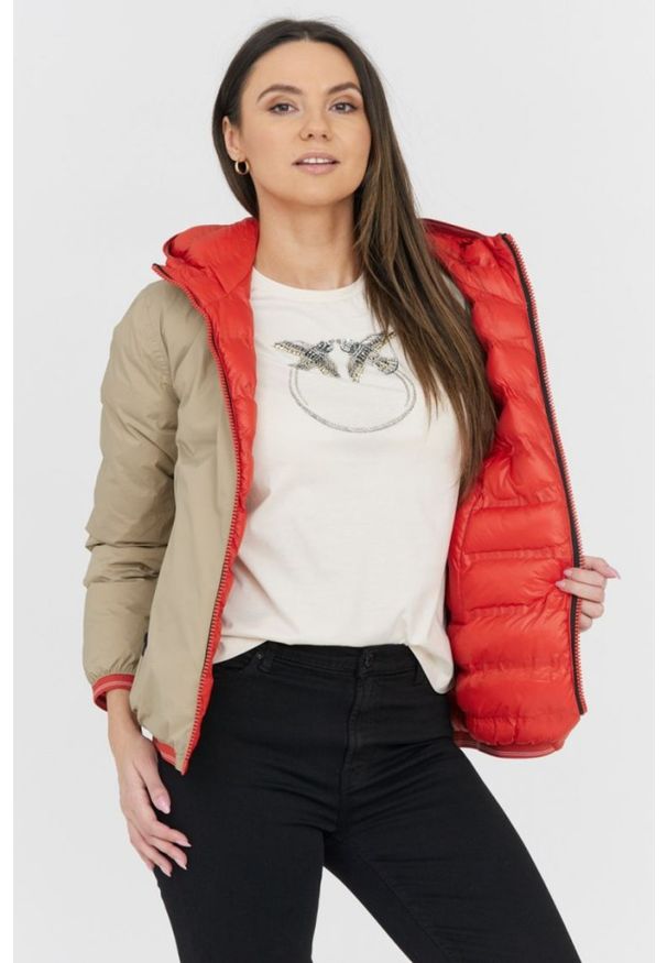 Blauer USA - BLAUER Pomarańczowo-beżowa dwustronna kurtka Stella reversible down jacket. Kolor: pomarańczowy. Materiał: puch