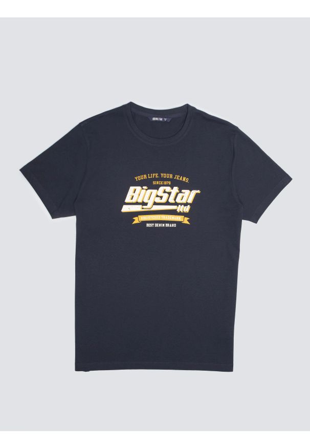 Big-Star - Koszulka męska z nadrukiem granatowa Briss 403. Okazja: na co dzień. Kolor: niebieski. Materiał: bawełna, skóra, jeans. Wzór: nadruk. Styl: klasyczny, vintage, casual